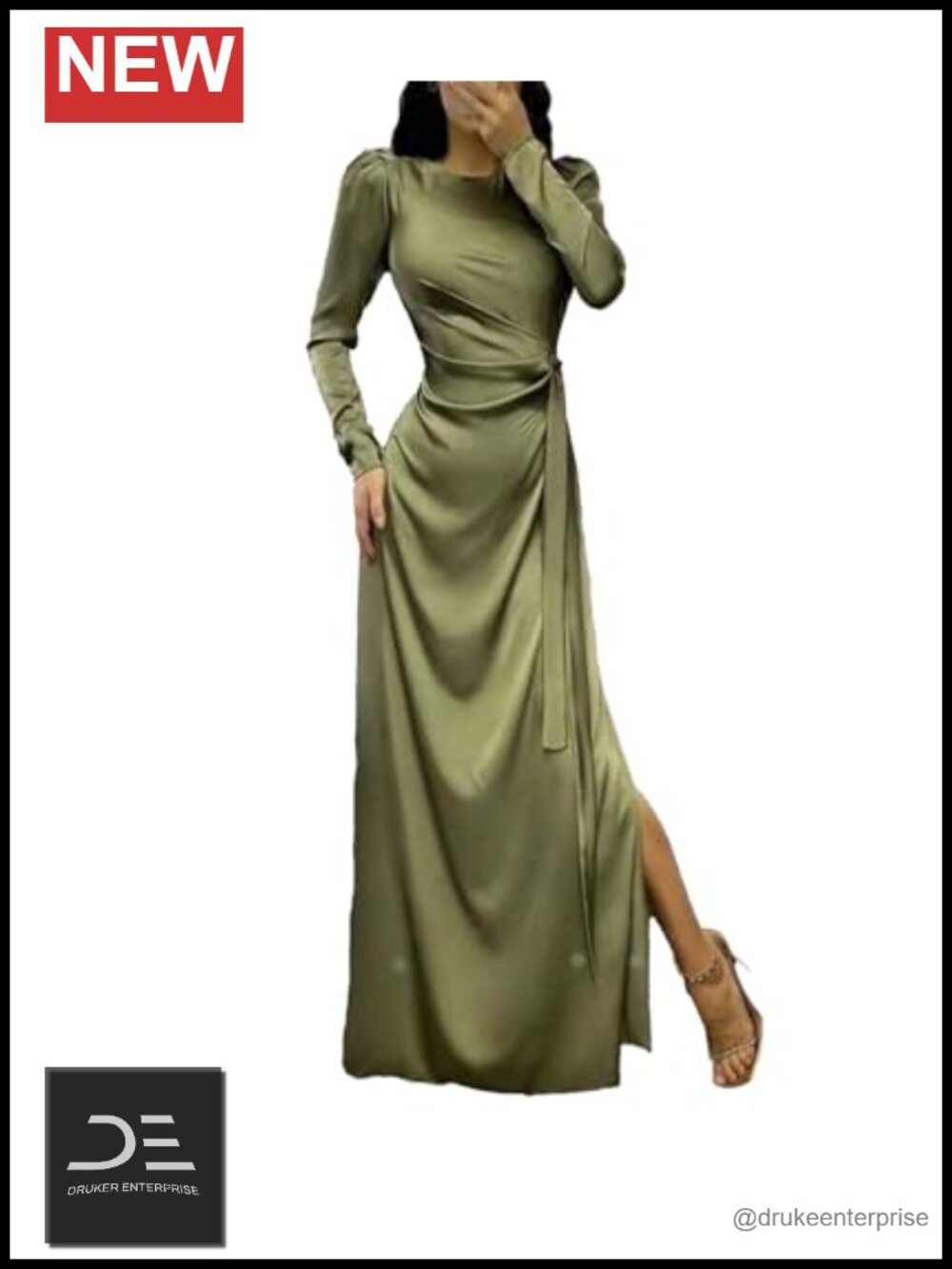 Women's Satin Long Sleeve Puff Shoulder Maxi Dress with High Slit